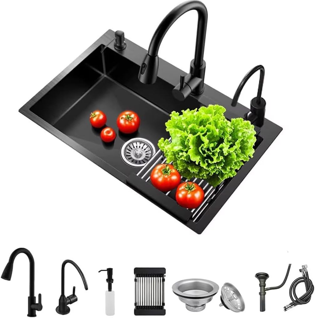 Black Drop in Kitchen Sink, Stainless Steel Single Bowl Sink with 3 Holes, Topmount Workstation Sink, Farmhouse Rectangle Basin with Multiple Accessories (23.6 * 17.7 * 7.9in)
