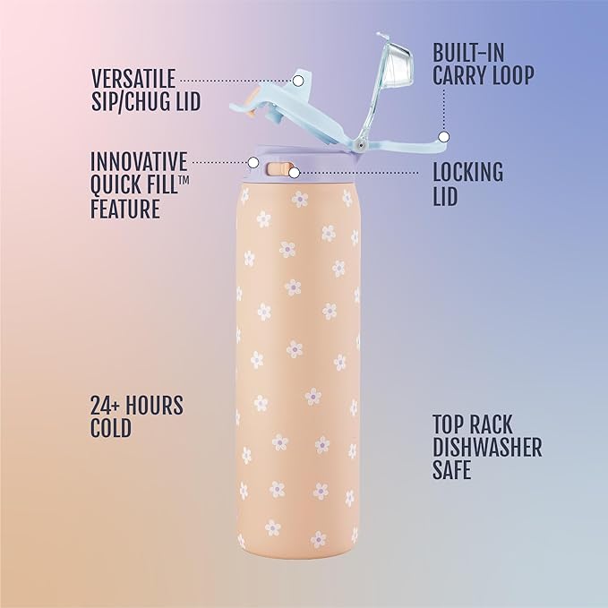 Ello Pop & Fill 32oz Stainless Steel Water Bottle with Quick Fill Technology, Double Walled and Vacuum Insulated Metal, Leak Proof Locking Lid, Sip and Chug, Reusable, BPA Free, Gloss Daisies