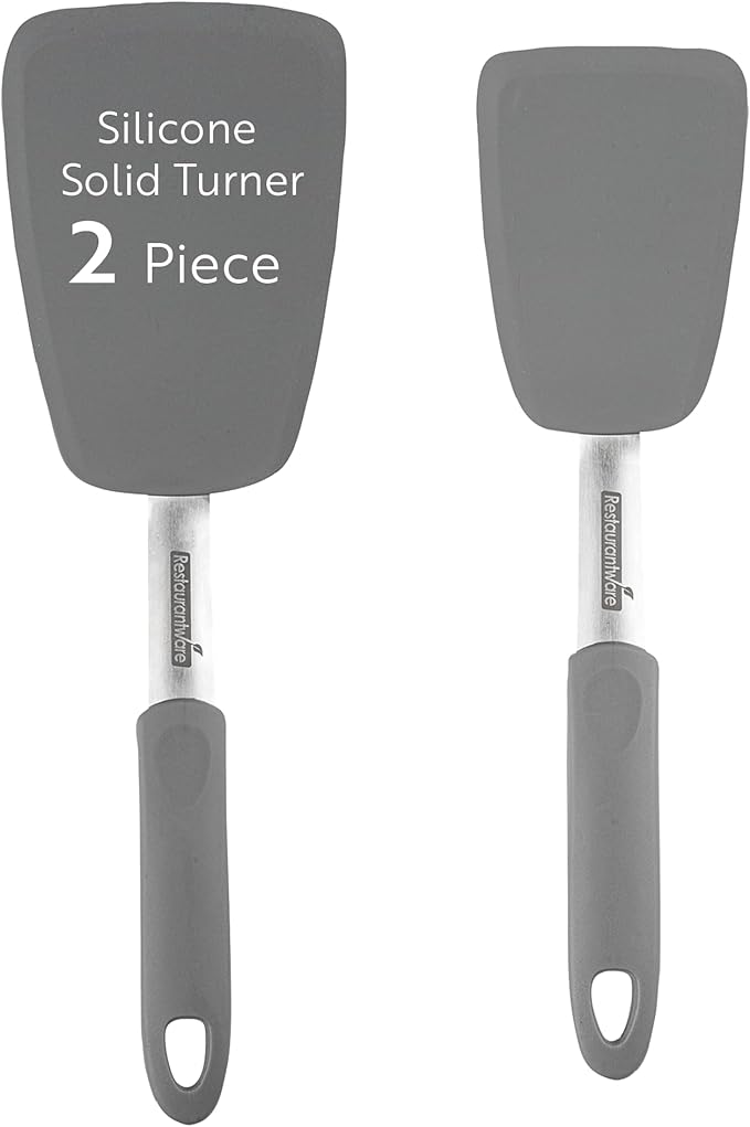 Restaurantware Comfy Grip Silicone Turner 1 Durable Cooking Turner - Stainless Steel Body Rubber Handle With Hole Gray Silicone Flipper Spatula Tolerates Up To 446F Dishwashable