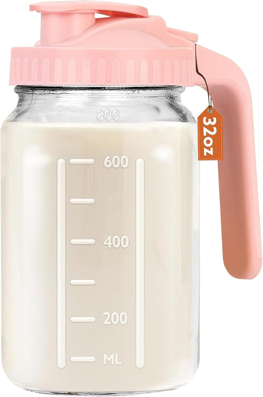 Mihlapi Breast Milk Pitcher, 32 OZ Mason Jar Pitcher with Lid Double Leak Proof,1 Quart Breastmilk Storage Containers for Fridge, Glass Jug for Sun Tea, Juice, Cold Brew Coffee