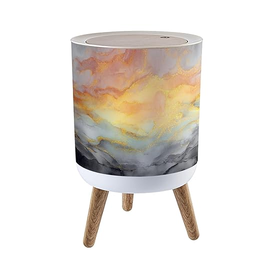 Trash Can with Lid Luxury abstract fluid art painting alcohol ink technique mixture black Press Top Round Small Garbage Bin with Wooden Legs Waste Basket for Kitchen Bedroom Nursery 7L/1.8 Gallon