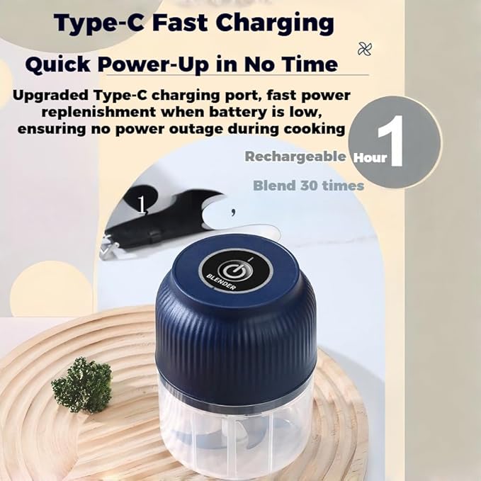 300ML USB Rechargeable Electric Garlic Chopper, Mini Portable Veggie Cutter with Eggbeater&4/6 Knife Heads, Veggie Chopper with Container and Lid, Vegetable Crusher (A)