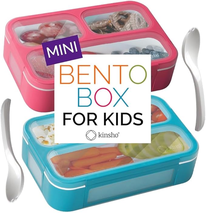 Small Snack Containers for Kids Toddlers - 3 Compartments (Set of 2) - Leak-Proof Reusable Boxes with Lids -BPA-Free Plastic Mini Bento Lunch Box - Ideal for School, Daycare - Holds 2 Cups (Pink+Blue)