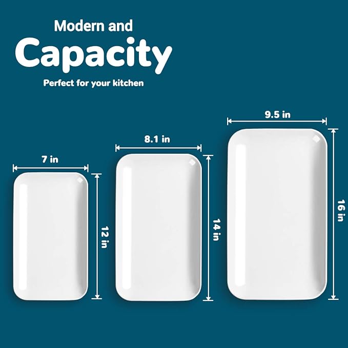 DELLING Large Serving Platter Set of 3, 16/14/12 Inch Porcelain Serving Trays for Party - White Ceramic Rectangular Platters for Entertaining, Appetizer Fruit Tray for Mother's Day Shower Dinner