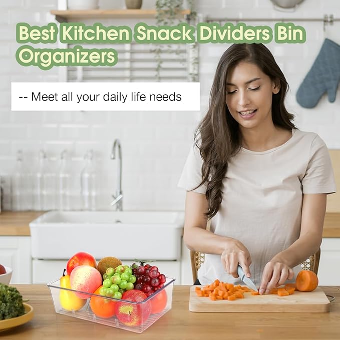 Snack Organizer for Pantry Shelf, 8 Pack Clear Plastic Pantry Storage Bins with 3 Dividers for Snacks, Spices, Chips Food Organizer, Stackable Pantry Organizers for Kitchen, Fridge, Cabinet