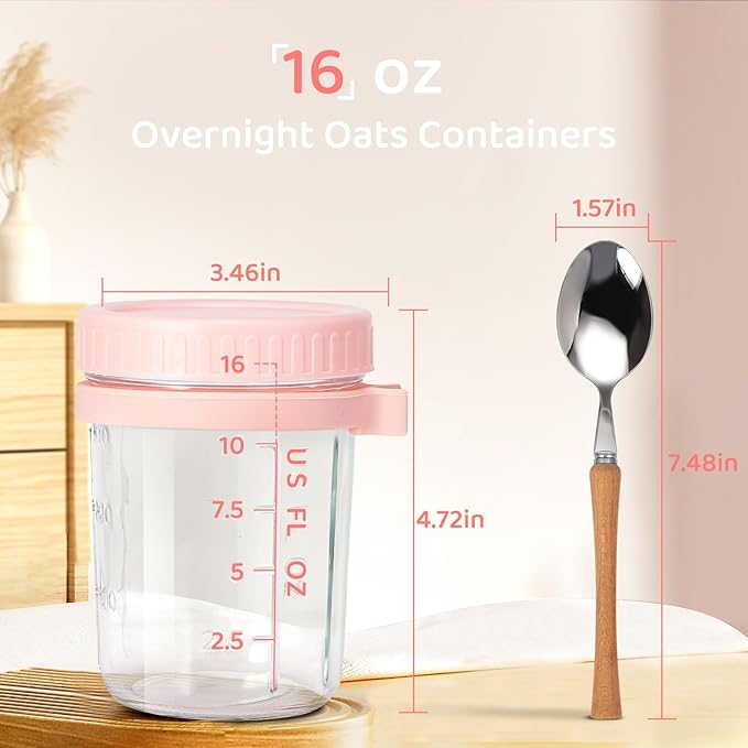 Glass Overnight Oats Containers with Lids and Spoon, 16oz Wide Mouth Mason Jars for Overnight Oats, Cereal, Yogurt, Salad Lunch Container with Measurement Marks - Pink 4 Pack