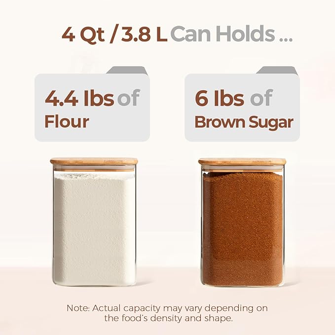 ComSaf 2Pcs Large Glass Storage Containers with Lids 4Qt, 1 Gallon Wide Mouth Flour Sugar Storage Containers, Large Capacity and Sealed for Rice, Cereal, Oat, Easy Clean and Scoop, Pantry Organization
