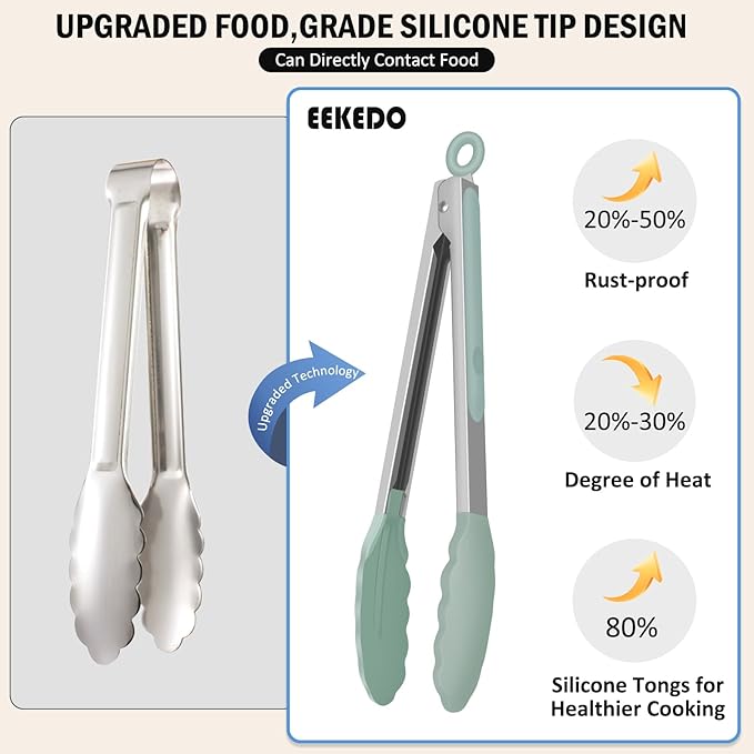 Kitchen Tongs, Stainless Steel Silicone Tongs for Cooking 600ºF High Heat-Resistant BBQ Grilling Locking Tongs, Set of 2-9" and 12" Light Green