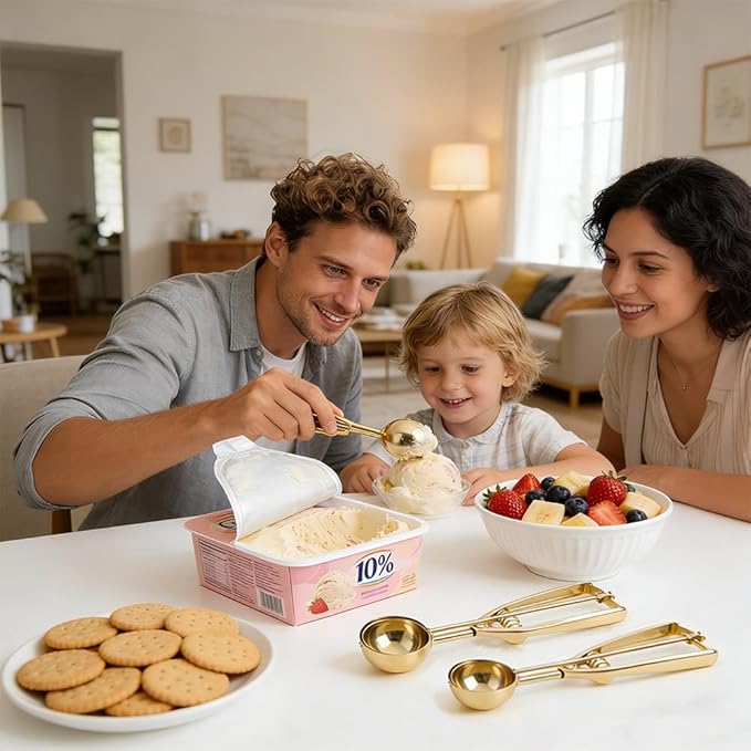 Gold Ice Cream Scoop 304 Stainless Steel Cookie Scoops for Baking Melon Baller with Trigger 3 Sizes (Gold, S)