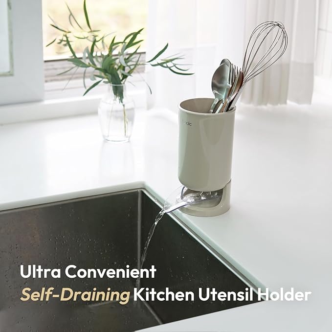 carrotez Utensil Drying Holder for Kitchen Counter, Self Draining, Small Utensil Cutlery Flatware Silverware Holder Drainer Cup, Beige, 1 ea