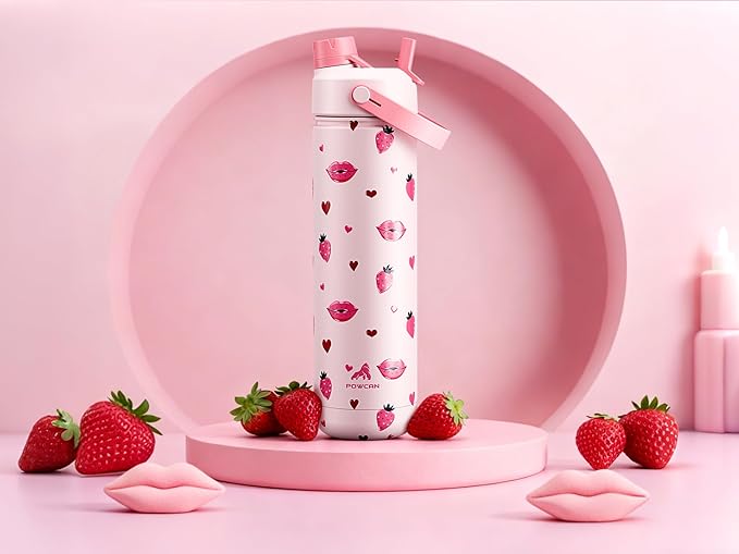 POWCAN 26 oz Insulated Water Bottle with 2-in-1 Straw and Spout Lid, Keep Cold 24H, Leak-Proof, Fits in Car Cup Holder, Stainless Steel Water Bottle for Sports, Travel, Gift and School (Kiss Me Berry)