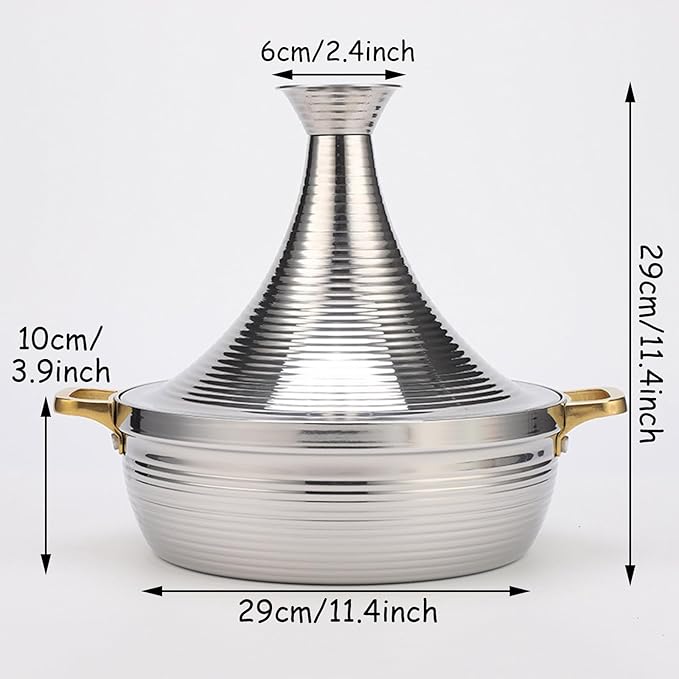 Moroccan Tagine Cooking Pot,Stainless Steel Non Stick Moroccan Casserole with 2 Handles,Large Moroccan Cooker Handmade Tagine Pot with Cone-Shaped Lid(29cm, Silver)