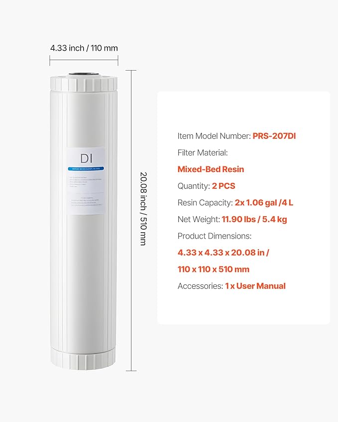 VEVOR Deionized Filter for Spotless Car Wash System, 2 x 4L Mixed-Bed DI Resin Filter Replacement - Compatible with PRS-207SLXC, PRS-TCXC, PRS-TCXC-PT, PRS-207XCGB Deionized Water System