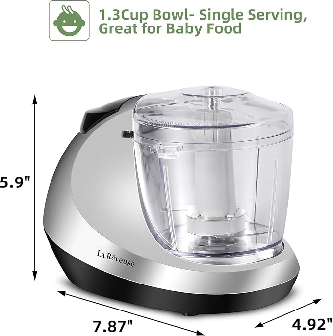La Reveuse Electric Mini Food Chopper Vegetable Fruit Cutter Meat Grinder Mincer Small Food Processor with 1.3-Cup Prep Bowl, Silver