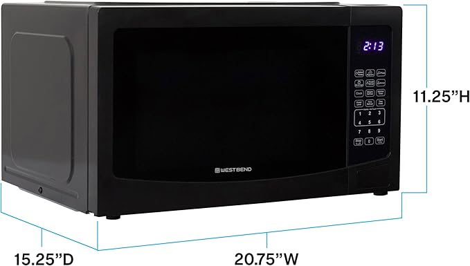 West Bend 1.1 Cu. Ft. Countertop Microwave Oven, 1000 Watts, Compact Design, 6 One-Touch Presets, Glass Turntable, Ideal for Dorms, Offices, RVs & Small Spaces, 1.1 cu.ft., Black
