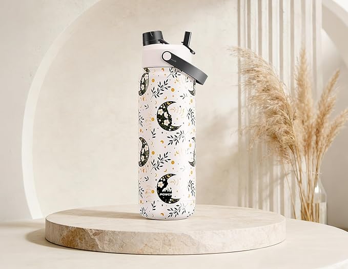 POWCAN 32 oz Insulated Water Bottle with 2-in-1 Straw and Spout Lid, Keep Cold 24H, Leak-Proof, BPA-Free, Double Wall Stainless Steel Water Bottle for Sports, Gym, Travel and School (Moonlight Garden)