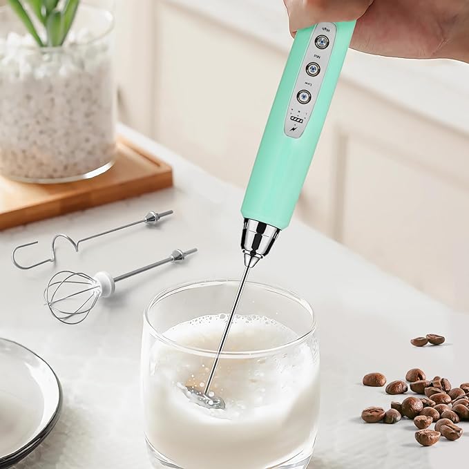 Sakgos Milk Frother Rechargeable Handheld-Electric Whisk 3 Speed Adjustable, Coffee Frother Wand with 3 Stainless Whisks, Electric Foam Maker, Drink Mixer Blender for Latte Cappuccino Matcha Egg
