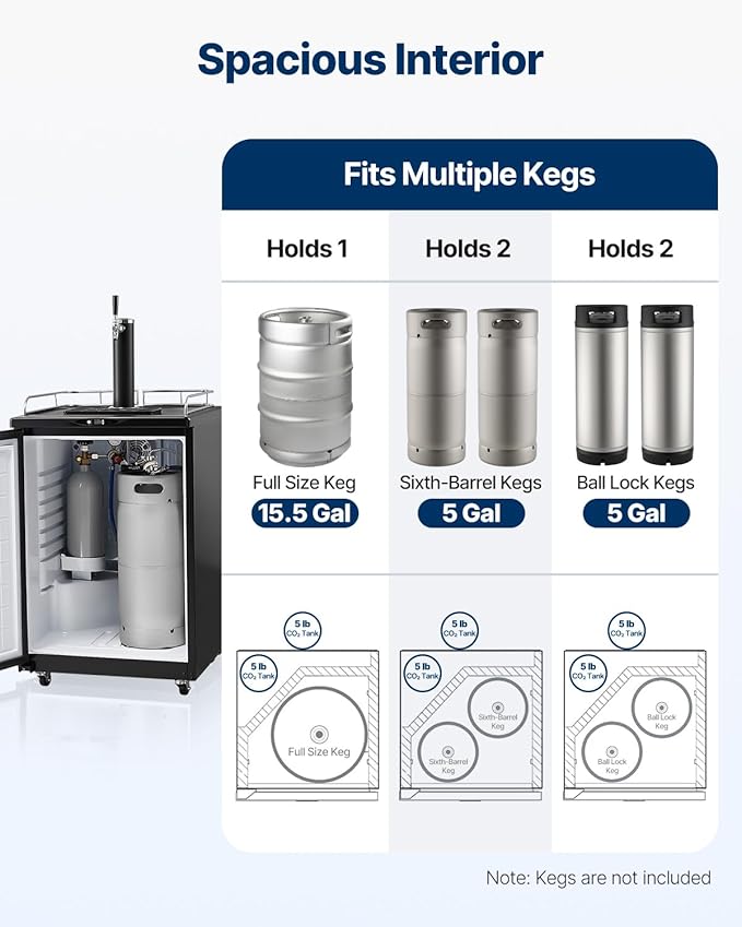 VEVOR Beer Kegerator, Single Tap Commercial Draft Beer Dispenser for D system, Full Size Keg Refrigerator with 5lbs CO2 Tank, Hold 2 Sixth / 3 Ball lock keg, Silver