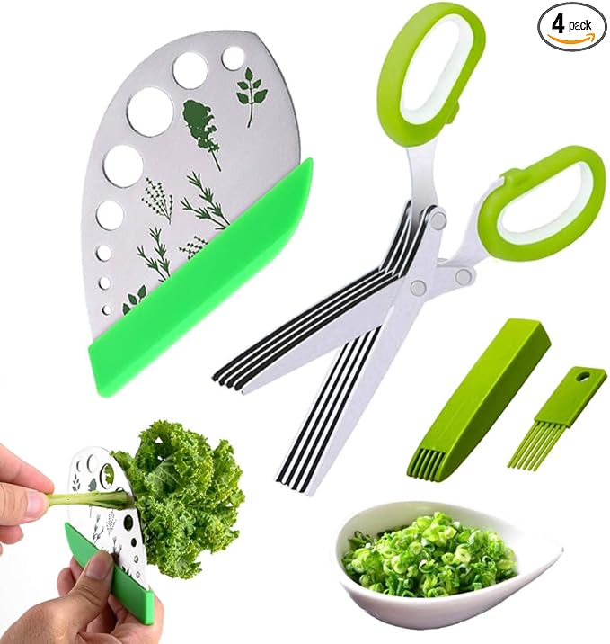 BENEKIY Scissors Herb Stripper Tools Kits 5-Blades Stainless Steel Scissors with Kitchen Herb Stripping Tool, Safe Cover, Cleaning Comb Multipurpose Kitchen Chopping Shear, Mincer