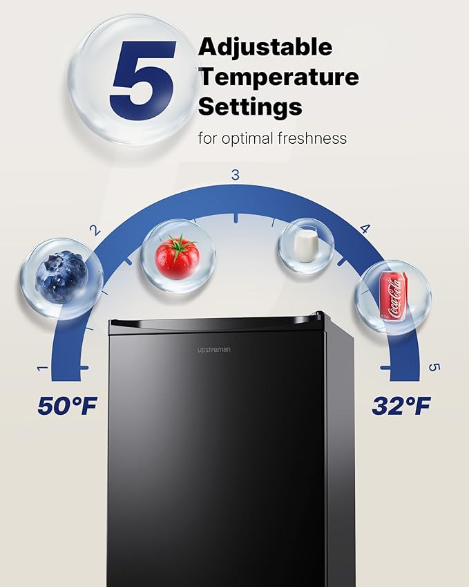 Upstreman 3.2 Cu.Ft Mini Fridge with Freezer, Single Door Compact Refrigerator, Adjustable Thermostat, Small Refrigerator for Dorm, Bedroom, Office, Black-BR321
