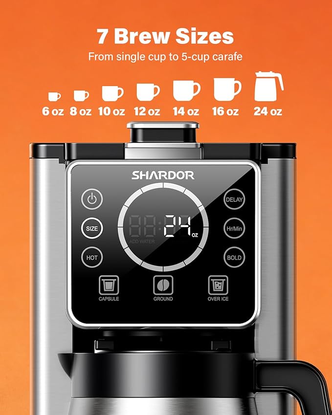SHARDOR Programmable 5 Cup Drip Coffee Maker, Single Serve Hot & Iced Coffee Machine for K Cup & Grounds, 95oz Removable Reservoir, 6–24oz Brew Size, Strong Brew, Stainless Steel Thermal Carafe, Black