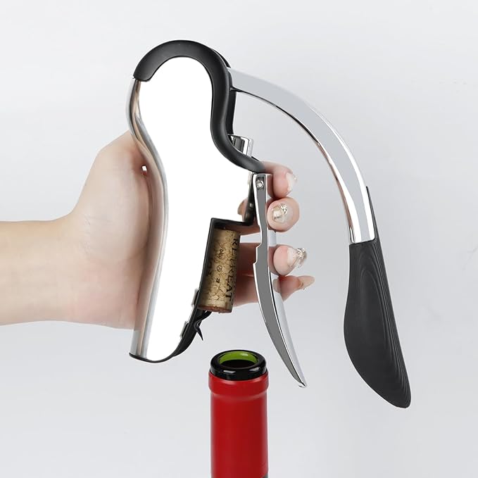 KAYCROWN Stainless Steel Wine Bottle Opener, Vertical Lever Corkscrew with Built-in Foil Cutter Design, Manual Handheld Corkscrew with Ergonomic Lever Pump