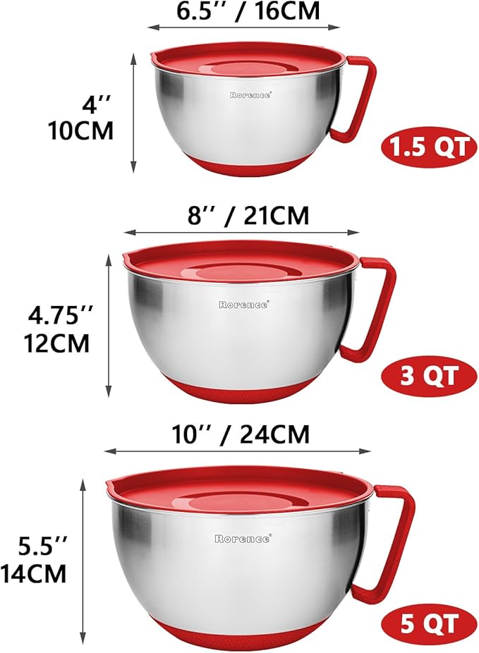 Rorence Mixing Bowls with Lids Set: Stainless Steel Mixing Bowls with Handles, Non-Slip Bottom & Pour Spout - Red, 3 quarts