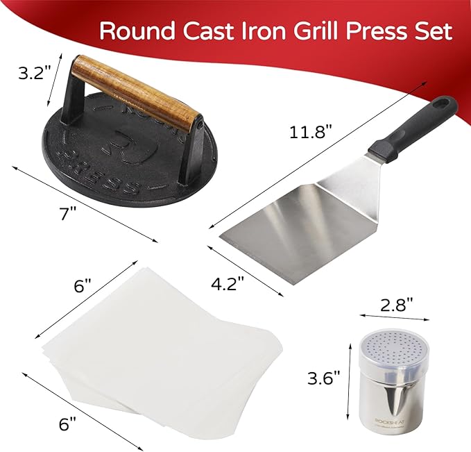 7 Inch Cast Iron Burger Press Set with Stainless Steel Spatula, Seasoning Shaker & Patty Papers - Heavy-Duty Smash Burger Maker for Griddle, BBQ & Camping