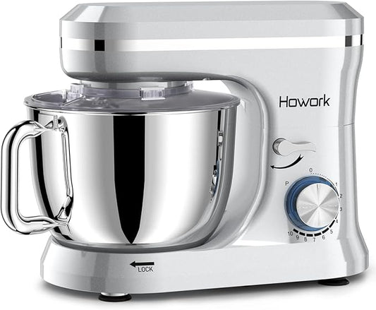 HOWORK Electric Stand Mixer,10+p Speeds With 6.5QT Stainless Steel Bowl,Dough Hook, Wire Whip & Beater,for Most Home Cooks (Silver)