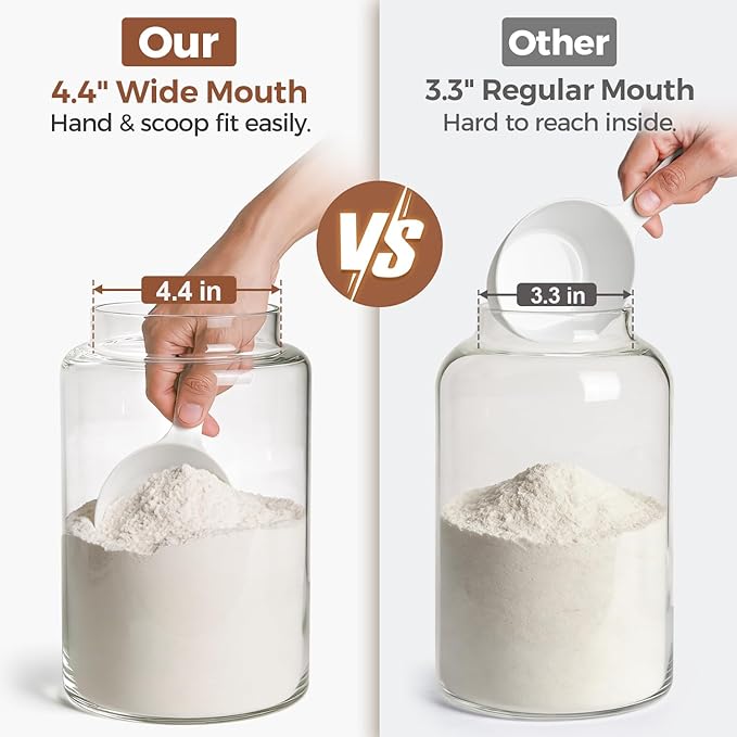 ComSaf 2Pcs (4.2Qt) Wide-Mouth Flour Sugar Storage Containers - Include Scoops & Labels, Easy to Scoop & Airtight, Large Glass Jar for Bakers to Store Bulk Flour, Rice, and Dry Goods in Kitchen Pantry
