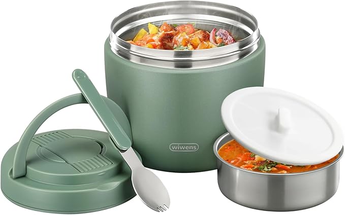 wiwens Thermo Food Jar for Hot Food Adults 32OZ Soup Thermo Lunch Containers Wide Mouth Vacuum Insulated Stainless Steel Leakproof Bento Box with Spoon (Green)