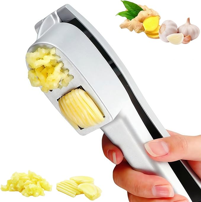 Professional 2 in 1 Garlic Press & Slicer,Multifunctional Garlic Mincer Tool with Ergonomic Handle,Effortlessly Crush,Slice and Mince Garlic,Rust-Proof,Easy to Squeeze and Clean,Dishwasher Safe