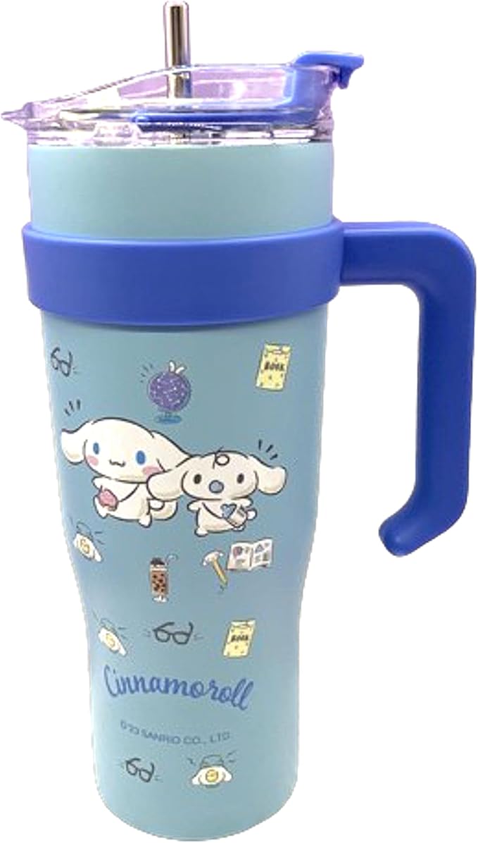Cinnamoroll Twins Stainless Steel Insulated Tumbler with Lid, Straw & Handle 1200ml - XL Size, Blue