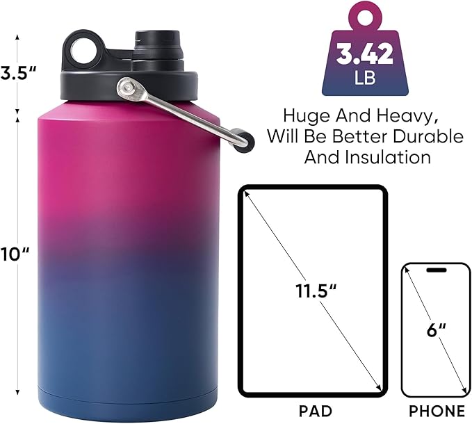 Kerilyn Insulated Gallon Jug with Handle, One Gallon, 128oz Stainless Steel, Large Double Vacuum Water Bottle for Hot & Cold Drinks, Wide Mouth, Sweat Proof, Great for Travel, Camping, Red Gradient