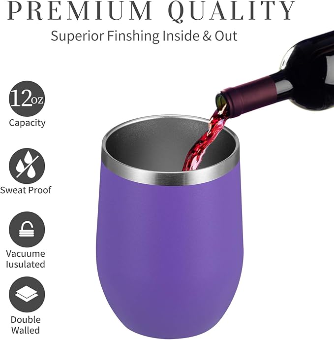 MEWAY 12oz/4 Pack Wine Tumbler Glasses with Lid - Stemless Double Wall Vacuum Stainless Steel Travel Tumbler - Keeping Cold & Hot for Wine,Coffee,Cocktails,Drinks-Family and Gifts (Purple,Set of 4)