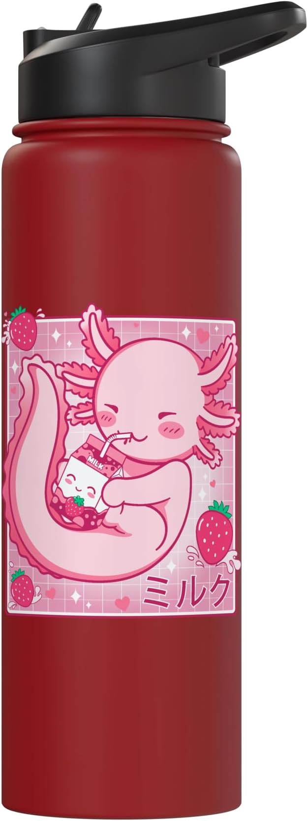 Kawaii Axolotl Strawberry Milk Shake Carton Japanese Anime Stainless Steel Insulated Water Bottle