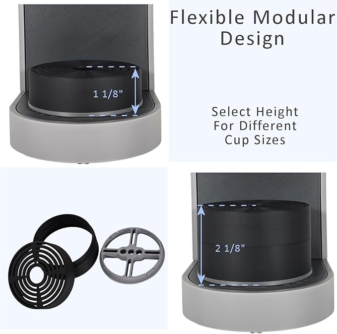 Elevate Anti-Splash Cup Riser Accessory for most Keurig K-cup, Cuisinart Single Serve, and other Coffee Makers, Adjustable for Cup Size and Drip Tray Type (Black with Light Gray Base)