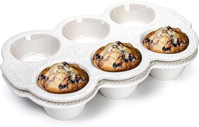 Hiceeden 2 Pack 6-Cup Ceramic Muffin Pan, Nonstick Cupcake Baking Pans with Handle, Ceramic Muffin Tin with Embossed Pattern for Muffin, Cupcake, White