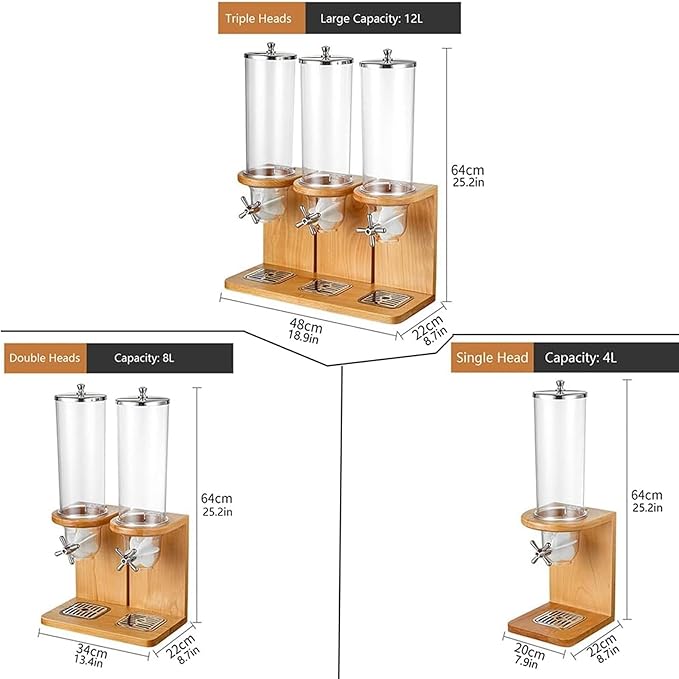Easy Clean Cereal Dispenser Dry Food Dispenser Countertop Cereal Container Storage Dispenser with PC Bucket And Wooden Base,three barrel