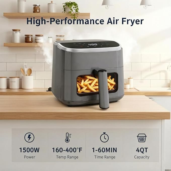 HealSmart 4 Qt Air Fryer with Visible Window, 8-in-1 Digital Airfryer with Interior Light, 1500W, Nonstick Dishwasher-Safe Basket for Fries, Bake, Wings, 60-Min Timer, Grey