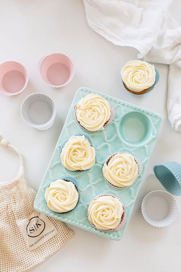 The Silicone Kitchen Reusable Silicone Baking Cup Silicone Muffin Liners for Cupcakes, BPA Free, Regular, 24 Pack, Pink Gray Blue