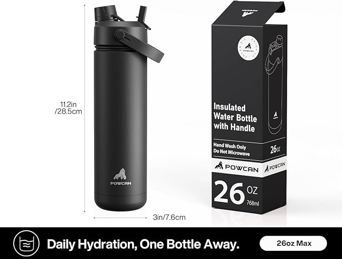 POWCAN 26 oz Insulated Water Bottle with 2-in-1 Straw and Spout Lid, Keep Cold 24H, Leak-Proof, Fits in Car Cup Holder, Stainless Steel Water Bottle for Gift, Holiday, Trip and School (Midnight Kiss)