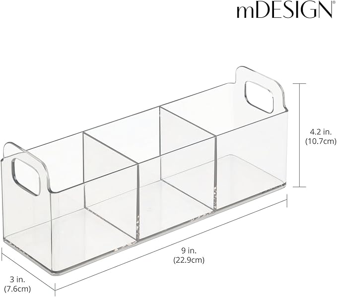 mDesign Plastic Condiment Organizer and Tea Bag Holder - 3-Compartment Kitchen Pantry/Countertop Storage Caddy - Divided Chip, Snack, Oatmeal Packet Holder - Lumiere Collection - 2 Pack, Clear