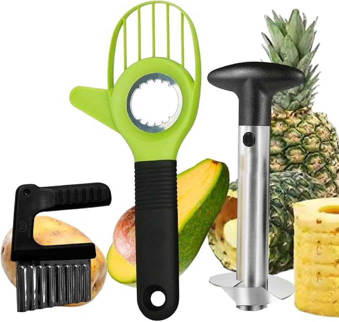 Avocado Tool 3 in 1 Includes Avocado Cutter, Pitter, Peeler – Pineapple Corer and Slicer Peeler – Crinkle Knife, Wavy Potato Cutter, French Fry & Fruit Slicer – Kitchen Gadgets Set