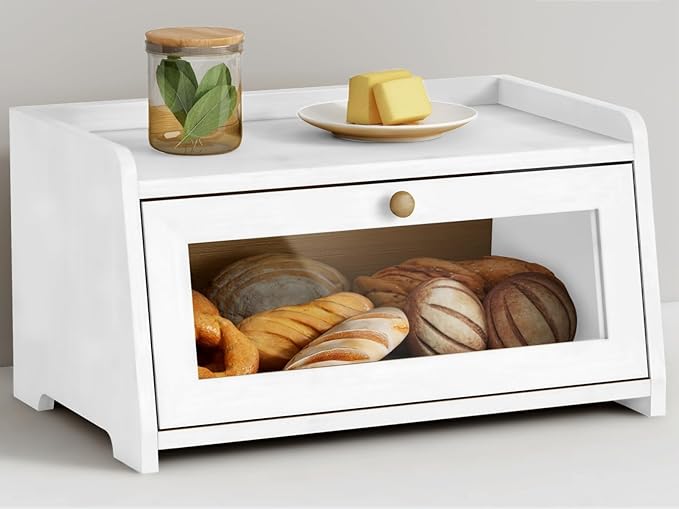 Goozii White Bread Box for Kitchen Countertop, Modern Counter Breadbox for Homemade Bread, Large Corner Bread Storage Container for Sourdough Loaf Organizers and Storage (White Bamboo Wood)