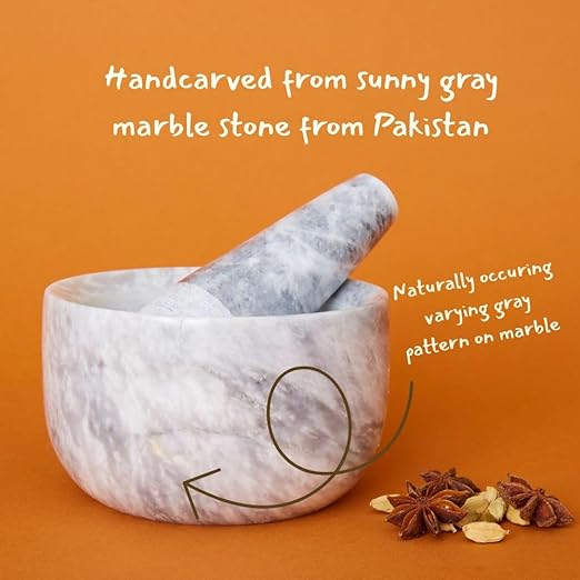 Kitchen Utensils & Gadgets, Seasoning & Spice Tools, Mortar Pestle Set, Grinder for Spices and Herbs, Kitchen Countertop, Small Spaces, Aesthetic, Sturdy, Round, 5" Wide, Gray White Marble Stone