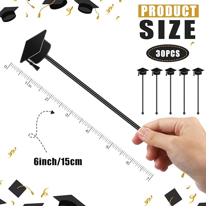 SiliFine 30 Pcs Graduation Cap Drink Stirrers Graduation Stir Sticks Coffee Stirrers Cocktail Mixers Plastic Swizzle Sticks Hot Cocoa Bar Supplies for Party Bar Coffee Tea Favors (Black)