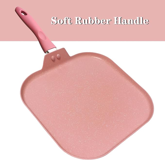 Square Griddle Pan for Stove Top Nonstick, Flat Pan with Spatula & Brush, 11"X 11" Pink