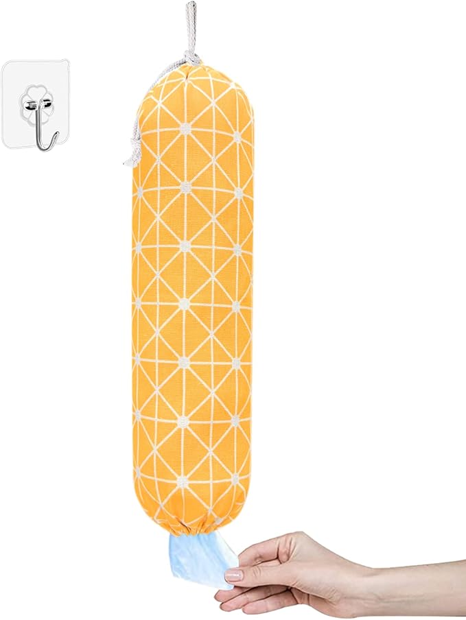 SYIPO Plastic Bag Holder Shopping Bags Carrier, Washable Large Grocery Bag Storage Dispenser for Home Kitchen Travelling, Free Adjustment with Drawstring, Yellow, 22x9