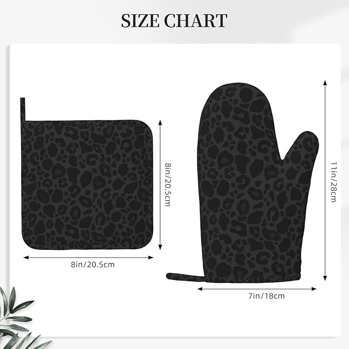 Black Leopard Oven Mitts and Pot Holders Sets Silicone Leopard Print Kitchen Oven Mitts Hot Pads Heat Resistant Cheetah Print Potholders Kitchen Mitts Set for Baking BBQ Cooking